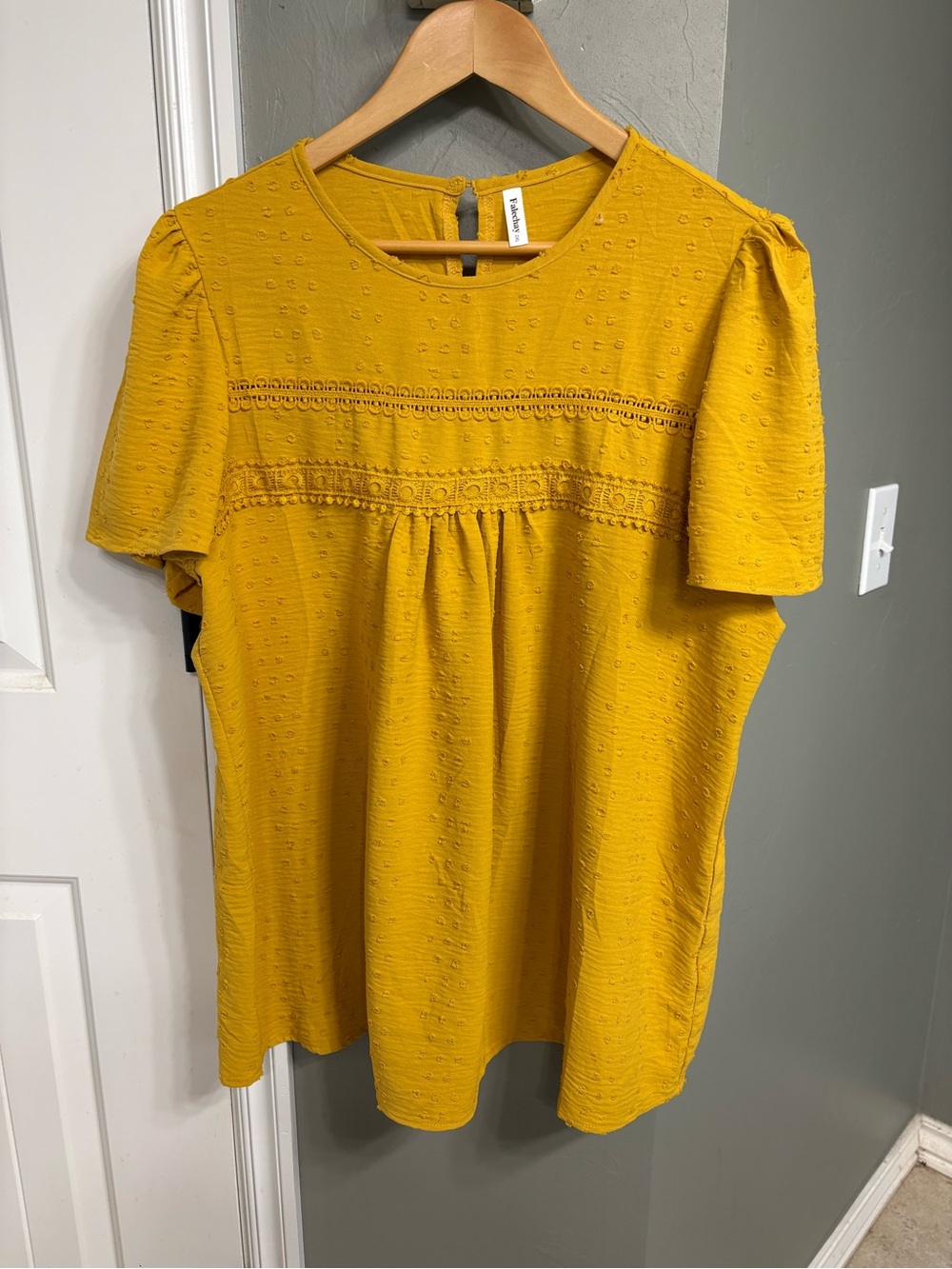 Textured Lace-Yoke Short Sleeve Blouse — Mustard